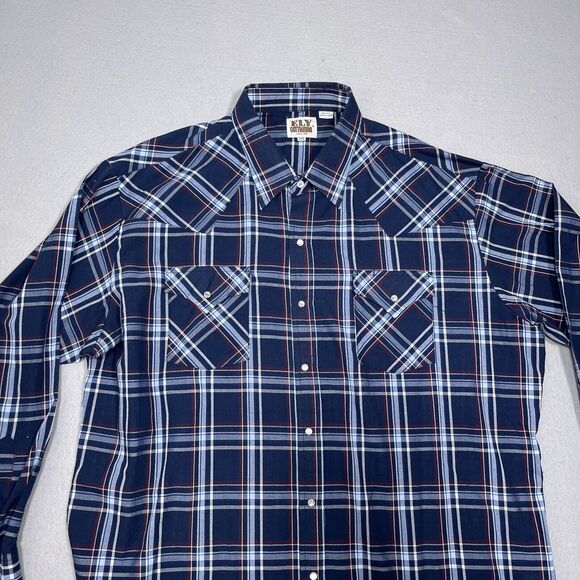 Ely Cattleman Mens XXL Western Shirt Plaid Long Sleeve Snap Front Cowboy Blue - Picture 2 of 10